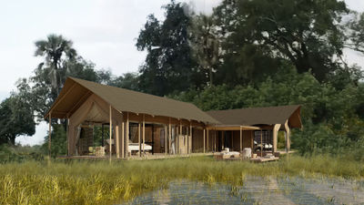 Monachira Lodge, located in the Moremi Game Reserve, features two family tents, above, and eight twin tents.