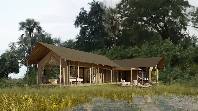 Monachira Lodge, located in the Moremi Game Reserve, features two family tents, above, and eight twin tents.