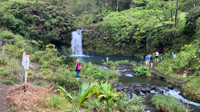 Visitors often stop to swim in the pools or picnic at the tables at Puu Kaa State Wayside on their Road to Hana journey.