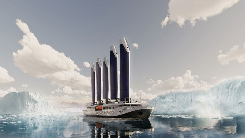 A rendering of Selar’s mostly wind- and solar-powered polar expedition ship, which is expected to debut next year.
