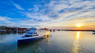 The refurbished Victory I departing Portland on its maiden cruise on April 17.