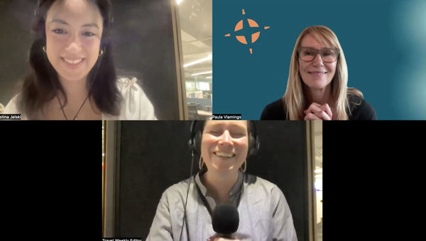 Clockwise from top left: Travel Weekly hotels editor Christina Jelski, Paula Vlamming of Tourism Cares and Folo host Rebecca Tobin talk about sustainability initiatives on the Folo by Travel Weekly podcast. Clockwise from top left: Travel Weekly hotels editor Christina Jelski, Paula Vlamming of Tourism Cares and Folo host Rebecca Tobin talk about sustainability initiatives on the Folo by Travel Weekly podcast.