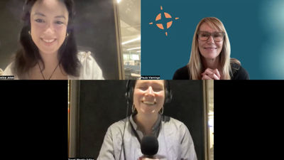 Clockwise from top left: Travel Weekly hotels editor Christina Jelski, Paula Vlamming of Tourism Cares and Folo host Rebecca Tobin talk about sustainability initiatives on the Folo by Travel Weekly podcast.