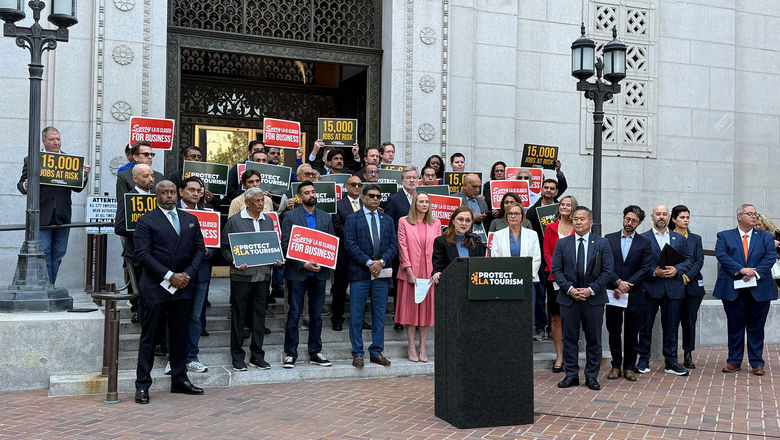 Rosanna Maietta, CEO of the American Hotel & Lodging Association, speaks out against L.A.'s $30 minimum-wage proposal in Los Angeles on April 29.