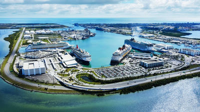 An aerial photo of a recent six-ship day at Port Canaveral.