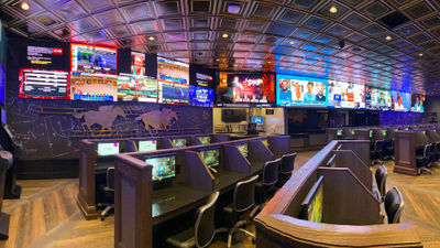 The new 3,089-square-foot STN Sportsbook book in Treasure Island features 74 TV screens and a video wall.