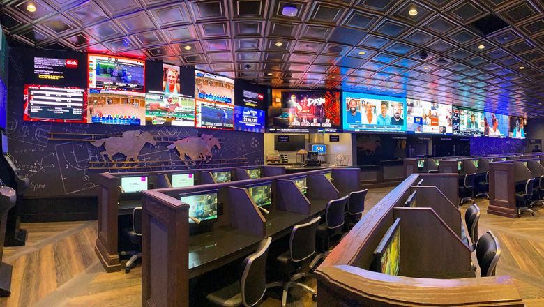 The new 3,089-square-foot STN Sportsbook book in Treasure Island features 74 TV screens and a video wall.