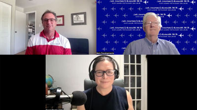 Clockwise from top left: Travel Weekly aviation editor Robert Silk, industry consultant Bob Mann and Folo host Rebecca Tobin talk about the operational issues plaguing Newark Airport.