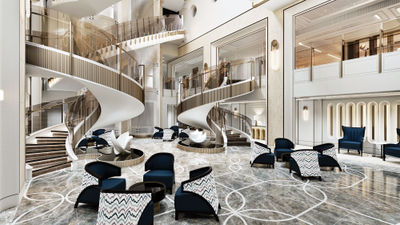 A rendering of the Starlight Atrium aboard the Seven Seas Prestige.