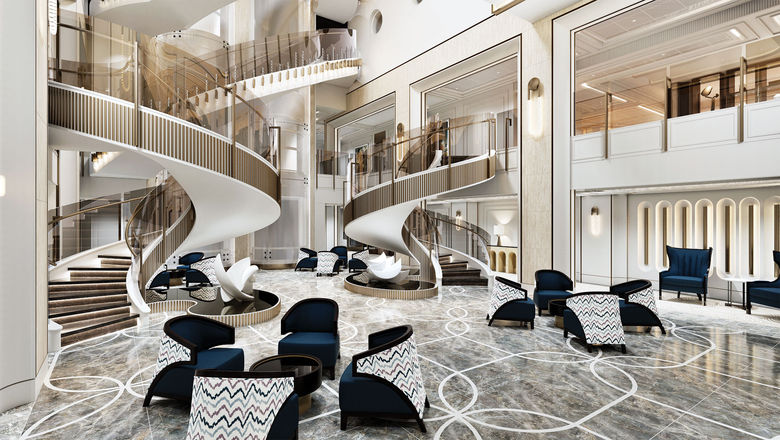A rendering of the Starlight Atrium aboard the Seven Seas Prestige.