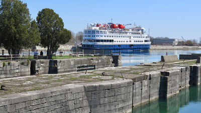 The Victory I outside the Welland Locks at Port Colborne, Ontario.