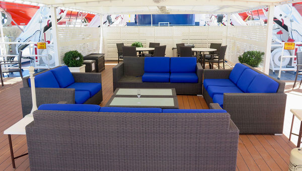 Shaded lounge seating on Victory I's sundeck. Shaded lounge seating on Victory I's sundeck.