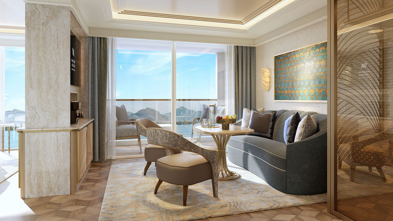 A lounge rendering for Waldorf Astoria's Nile ship.