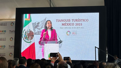 Josefina Rodriguez Zamora, Mexico's new secretary of tourism, makes opening remarks at Tianguis Turistico's opening event.