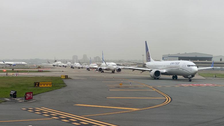 Planes queued up for takeoff at Newark Liberty International Airport.