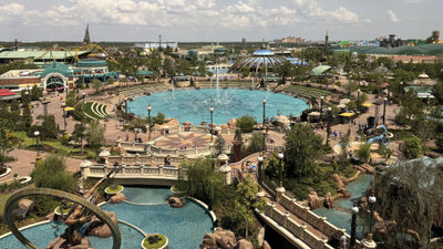 A view of Epic Universe from the Universal Helios Grand Hotel.