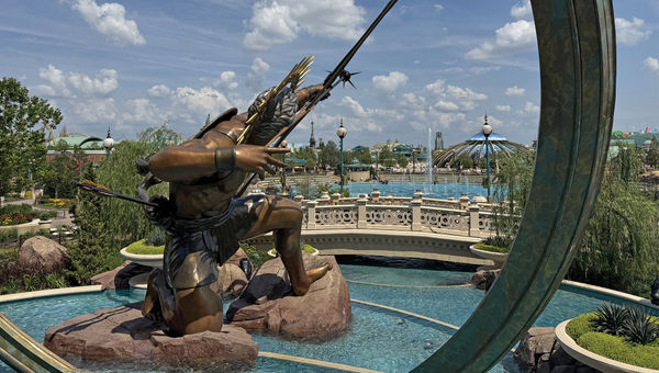The statue of Apollo facing Epic Universe, as seen from the Universal Helios Grand Hotel’s Flora Taverna restaurant.