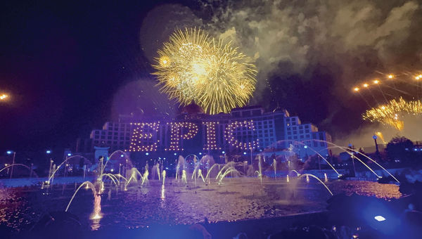 Drones spelled out "Epic" in front of the new Universal Helios Grand Hotel.