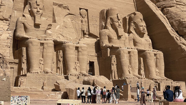 Abu Simbel's ancient temple features colossal statues of Ramses II. Abu Simbel's ancient temple features colossal statues of Ramses II.