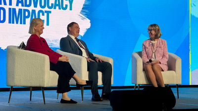 Wendy Paradis (left), president of ACTA, on stage with ASTA's Zane Kerby and author and performance strategist Geraldine Ree during Travel Market 2025.