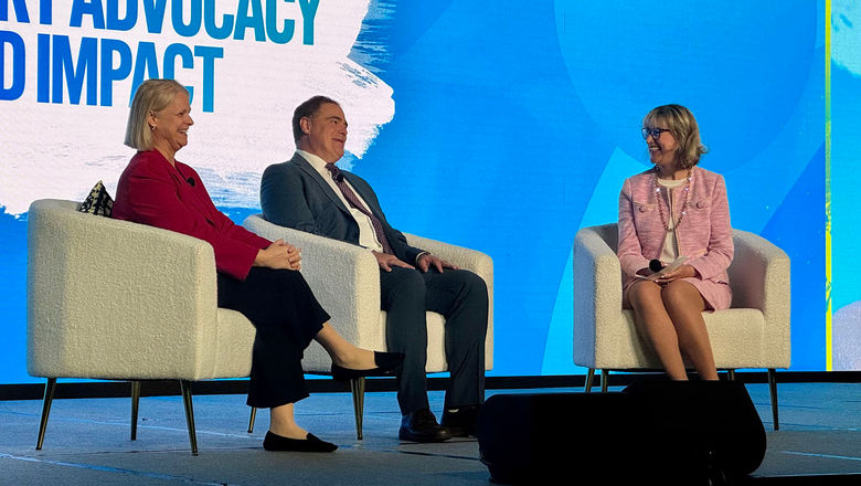 Wendy Paradis (left), president of ACTA, on stage with ASTA's Zane Kerby and author and performance strategist Geraldine Ree during Travel Market 2025.
