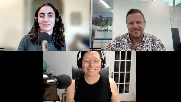 On the Folo by Travel Weekly, clockwise from top left: Cruise editor Teri West, Royal Caribbean chief product innovation officer Jay Schneider and Folo host Rebecca Tobin. On the Folo by Travel Weekly, clockwise from top left: Cruise editor Teri West, Royal Caribbean chief product innovation officer Jay Schneider and Folo host Rebecca Tobin.