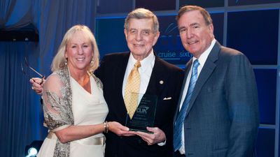 Rod McLeod, center, being inducted into CLIA's Cruise Industry Hall of Fame in 2015 with Cindy D’Aoust, the former CEO of CLIA, and Royal Caribbean Group chairman Richard Fain.
