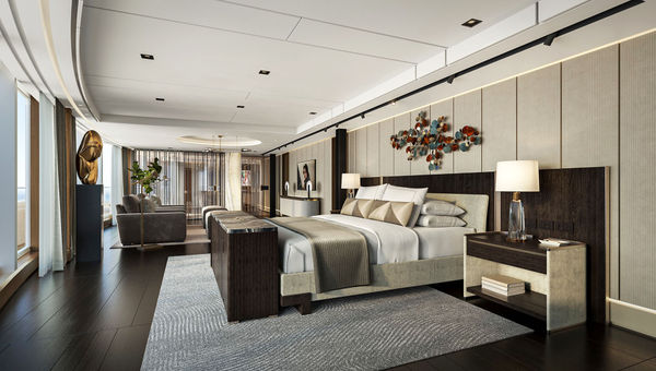 A rendering of the main bedroom in the Skyview Regent Suite.