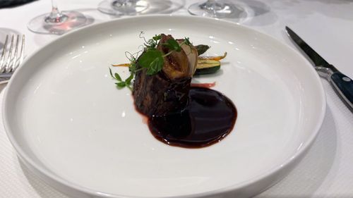 Venison filet with charred vegetables, truffle potato foam and dark chocolate jus -- the best bite of the meal. Venison filet with charred vegetables, truffle potato foam and dark chocolate jus -- the best bite of the meal.