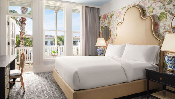 An oceanfront king bedroom at the Shore House at the Del. An oceanfront king bedroom at the Shore House at the Del.