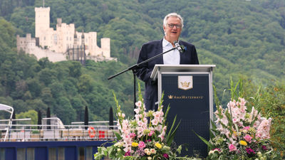 Rudi Schreiner speaking at the christening ceremony of the AmaMora in 2019 in Germany.