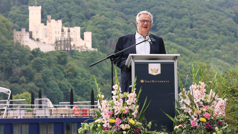 Rudi Schreiner speaking at the christening ceremony of the AmaMora in 2019 in Germany.