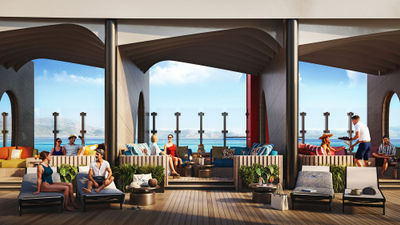 A rendering shows the enhanced cabanas available to book poolside on the Celebrity Xcel; the area will be named The Pool Club.