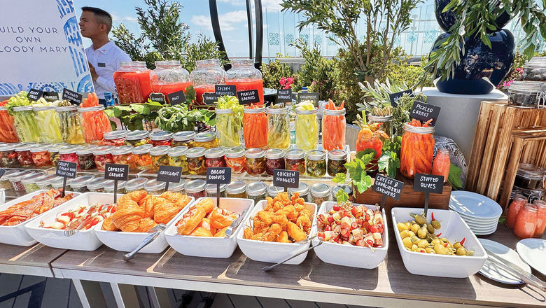 The wide array of toppings in Bora's brunch bloody mary bar include chicken nuggets and bacon donuts.