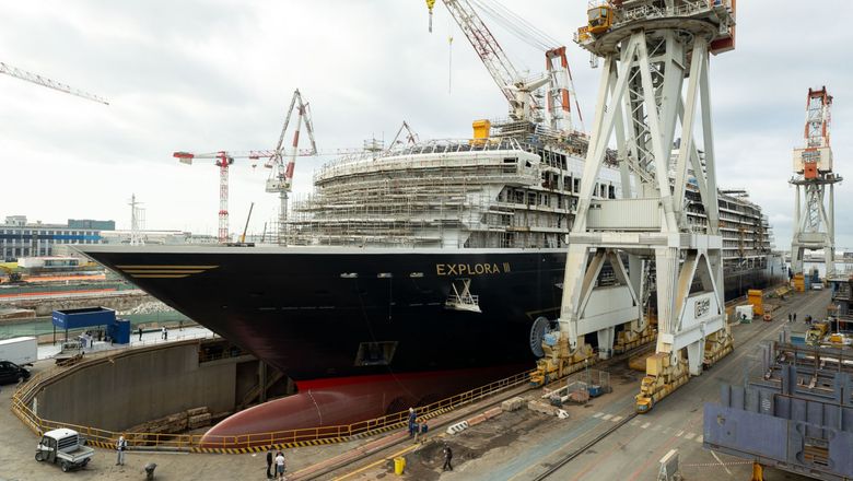 The Explora III under construction at Fincantieri's Sestri Ponente shipyard in Genoa, Italy.