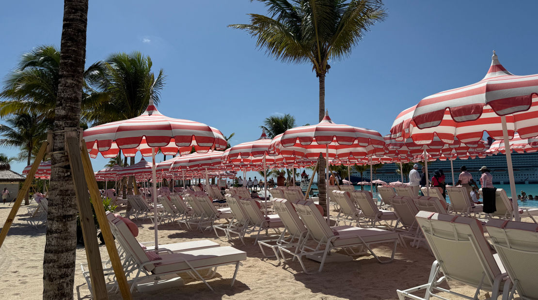 Carnival Cruise Line's Celebration Key is now open, and as cruise editor Teri West writes, guests are never far from shade, such as these loungers at the Pearl Cove Beach Club