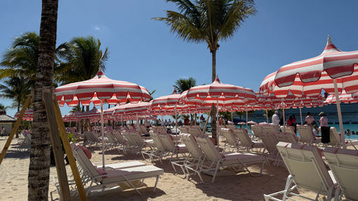 Carnival Cruise Line's Celebration Key is now open, and as cruise editor Teri West writes, guests are never far from shade, such as these loungers at the Pearl Cove Beach Club