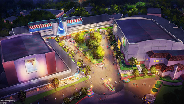A rendering of The Walt Disney Studios space and the building housing The Magic of Disney Animation. When the attraction opens, the building will be topped with Mickey's sorcerer's hat. A rendering of The Walt Disney Studios space and the building housing The Magic of Disney Animation. When the attraction opens, the building will be topped with Mickey's sorcerer's hat.