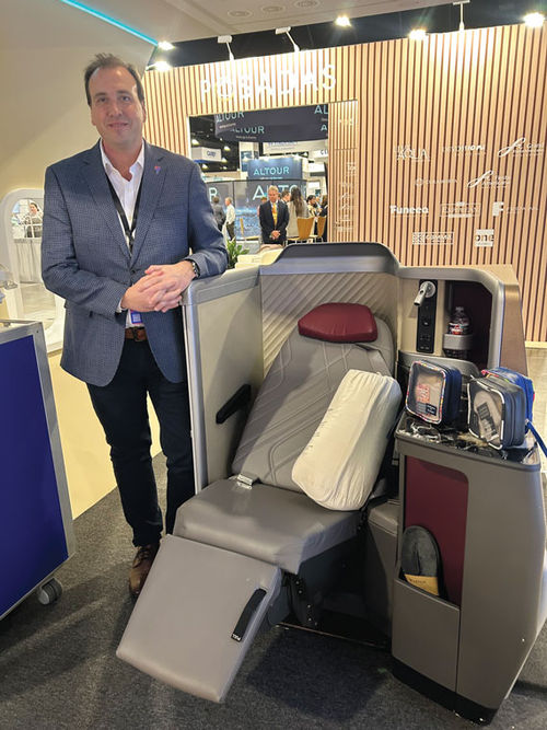 Federico Jager, Latam's vice president of global indirect sales and sales development, shows off the airline's newly upgraded business-class offering.