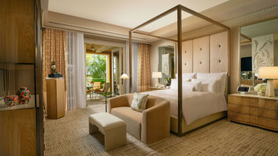 The bedroom area at a renovated Fairway Villa at Wynn Las Vegas.