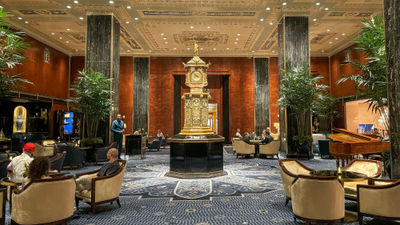 Peacock Alley at the Waldorf Astoria New York is famous for its ornate clock that serves as the all-day lounge's centerpiece.