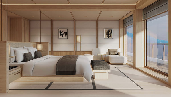 An Amangati suite rendering. Aman at Sea, debuting in 2027, says booking customers so far are averaging 40 to 45 years old.