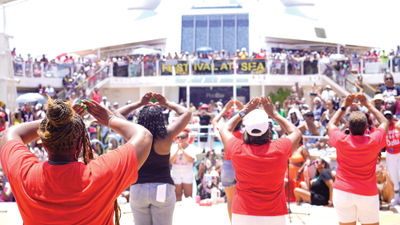 "Stomp the Deck," a step show during the annual Festival at Sea charter cruise that celebrates African American culture, on the Celebrity Reflection in 2024.