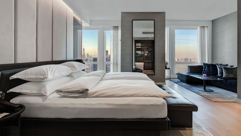 A Premier King Room outfitted with special Sleep Lab features at the Equinox Hotel New York.