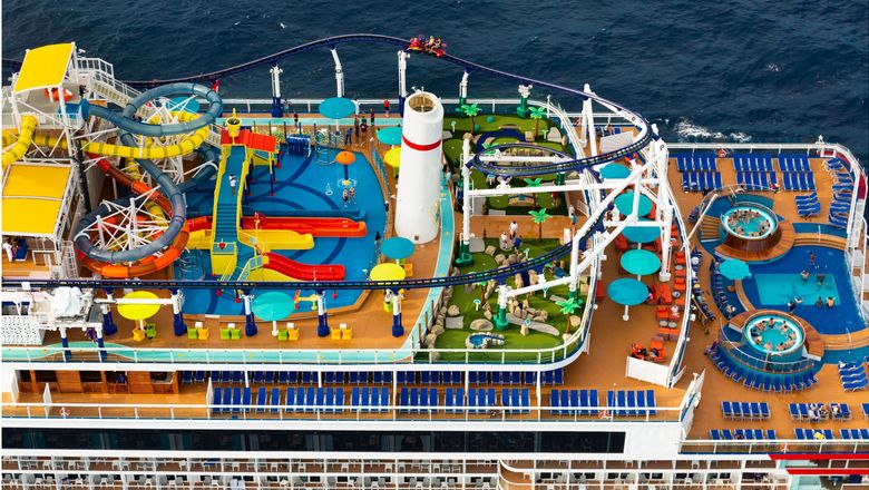 Carnival's Mardi Gras and its Bolt rollercoaster on the top deck.