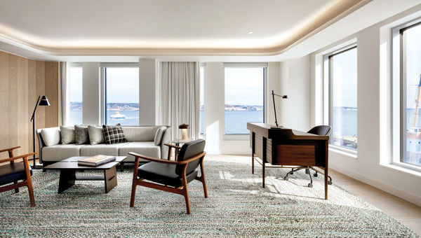 The living room of a Thrumcap Suite at the Muir. The waterfront hotel opened in 2021 and is a member of The Luxury Collection. The living room of a Thrumcap Suite at the Muir. The waterfront hotel opened in 2021 and is a member of The Luxury Collection.