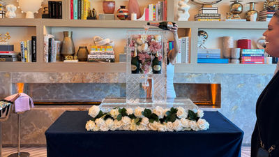 Wining and dining at Virtuoso Travel Week is serious business. Here, Perrier-Jouet champagne is poured into a display at a media event at the Fontainebleau Las Vegas.