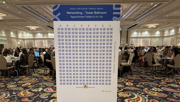 "You are here": A map orients visitors in the Bellagio ballroom for networking meetings.