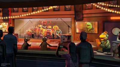 A rendering of the preshow at Rock ‘n’ Roller Coaster Starring the Muppets.