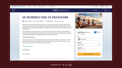 A yoga event listed on Hyatt's Find Experiences well-being program, now bookable in partnership with the experiential platform Way.